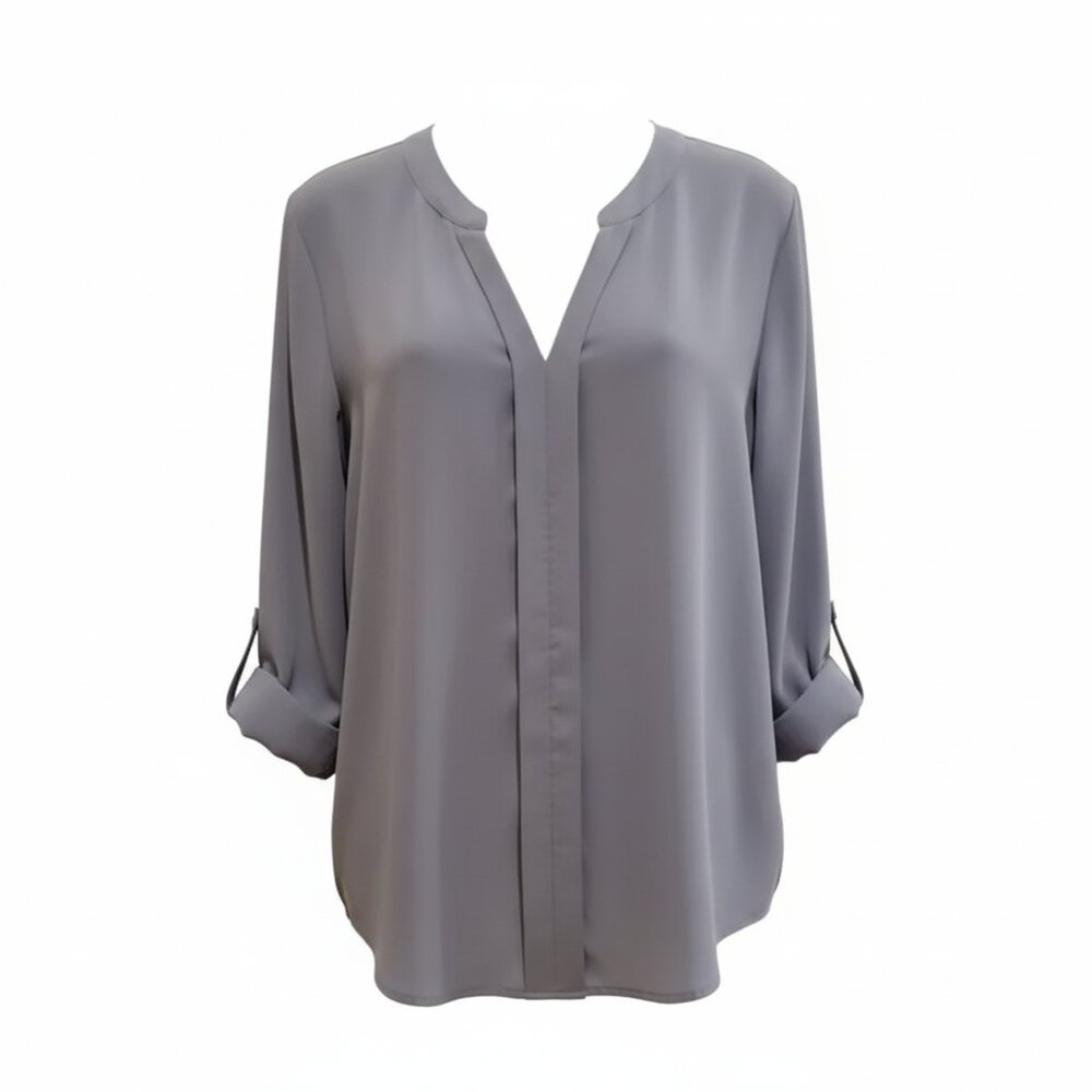 Gray Flowy Blouse Womens Small Split Neck Lightweight Roll Tab Sleeve Career Top